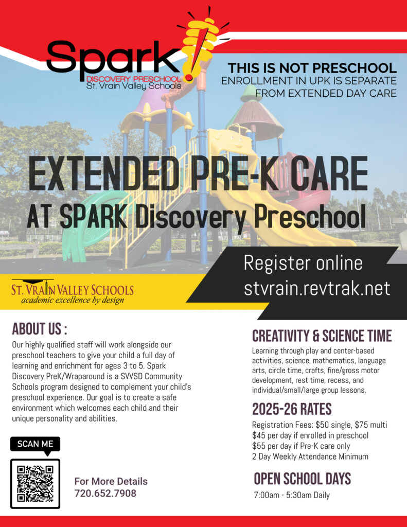 Childcare flyer from community schools. Call Tasha Lugg at 720-652-7908 for information