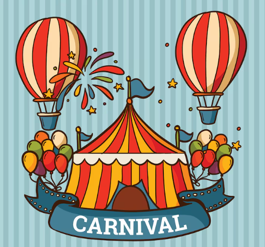 A colorful carnival scene featuring a striped tent, balloons, and hot air balloons against a striped background.