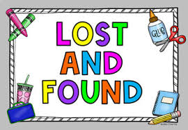 Colorful poster with the words "Lost and Found," surrounded by school supplies like scissors, glue, and notebooks.