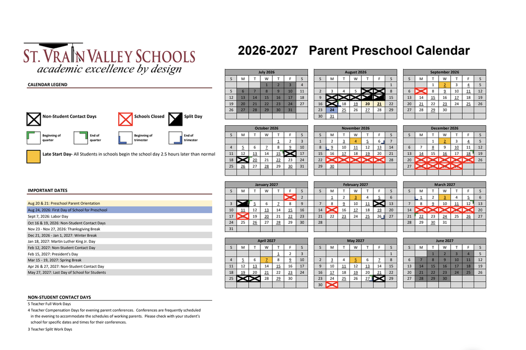 Calendario escolar para padres de preescolar de las Escuelas del Valle de St. Vrain para el curso 2026-2027, en el que se destacan las fechas importantes y los días sin asistencia de los alumnos.